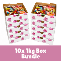 Two stacks of white 1kg candy boxes filled with assorted colorful gummy candies, shown on a white background with a pink banner at the bottom reading '10x 1kg Box Bundle'.