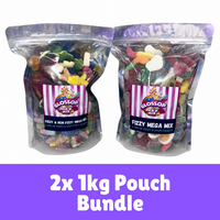 Two clear stand-up pouches of Glossop Fizzy Mega Mix candy placed side by side on a white background, with a purple banner at the bottom reading '2x 1kg Pouch Bundle'. The pouches contain assorted colorful gummy and sour sweets, and the front labels show the Glossop brand.
