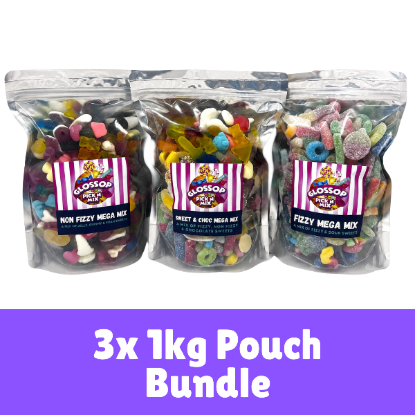 Three clear plastic pouches of Glossop Candy Company gummy and soft candy mixes lined up on a white background, with a purple banner at the bottom reading '3x 1kg Pouch Bundle'.