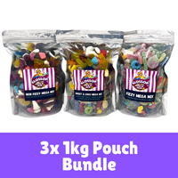 Three clear plastic pouches of Glossop Candy Company gummy and soft candy mixes lined up on a white background, with a purple banner at the bottom reading '3x 1kg Pouch Bundle'.