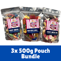 Three glossy resealable pouches of Glossop Fizzy Mega and Choc Mega candy mixes are shown side by side on a white background with a blue banner at the bottom reading '3x 500g Pouch Bundle'.