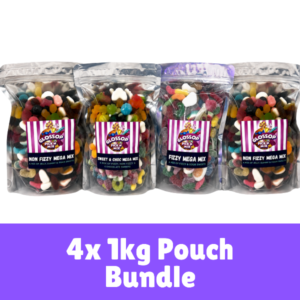 Four clear stand-up pouches of Glossop Pick n Mix candy mixes arranged in a row on a white background, with a purple banner at the bottom reading '4x 1kg Pouch Bundle'. The pouches contain assorted colorful candies and sweets, and each has a striped label with Glossop's branding.
