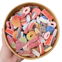 Hand holding a bowl of colorful gummy candies on a white background