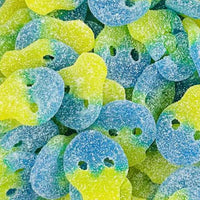 Fizzy lemon and peach skulls 100g sour gummy sweets. Blue and Yellow Skull Sweets