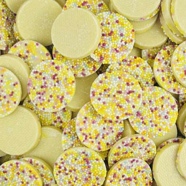 Mega white jazzies, snowies 100g white chocolate discs with sprinkles