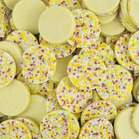 Mega white jazzies, snowies 100g white chocolate discs with sprinkles