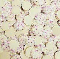 White jazzies 100g white chocolate flavour discs with sprinkles